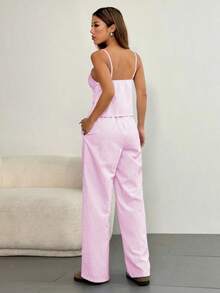 Conjunto informal de 2 piezas con top de tirantes con nudo delantero y rayas y pantalones para mujer - Rosa - Ver 2