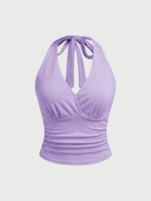 Punk Parte superior con estampado de leopardo y cuello de halter para mujer, escuela - Púrpura malva - Ver 5
