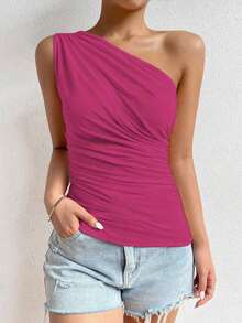 Parte superior de un solo hombro con plisado de unicolor informal de verano para mujer - Rosa Roja - Ver 4