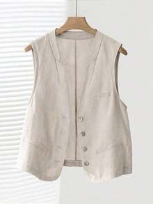 Chaleco corto de lino casual para mujer, color blanco, para primavera y verano - Beis - Ver 3