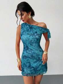 mini de vacaciones elegante y sexy con hombro asimétrico y floral nuevo para mujer en verano, vestido floral de malla, vestido de cuello asimétrico, ropa de primavera/verano, atuendo de playa, elegante, sexy, vacaciones, playa, Hawái, cita - Agua verde azul - Ver 4
