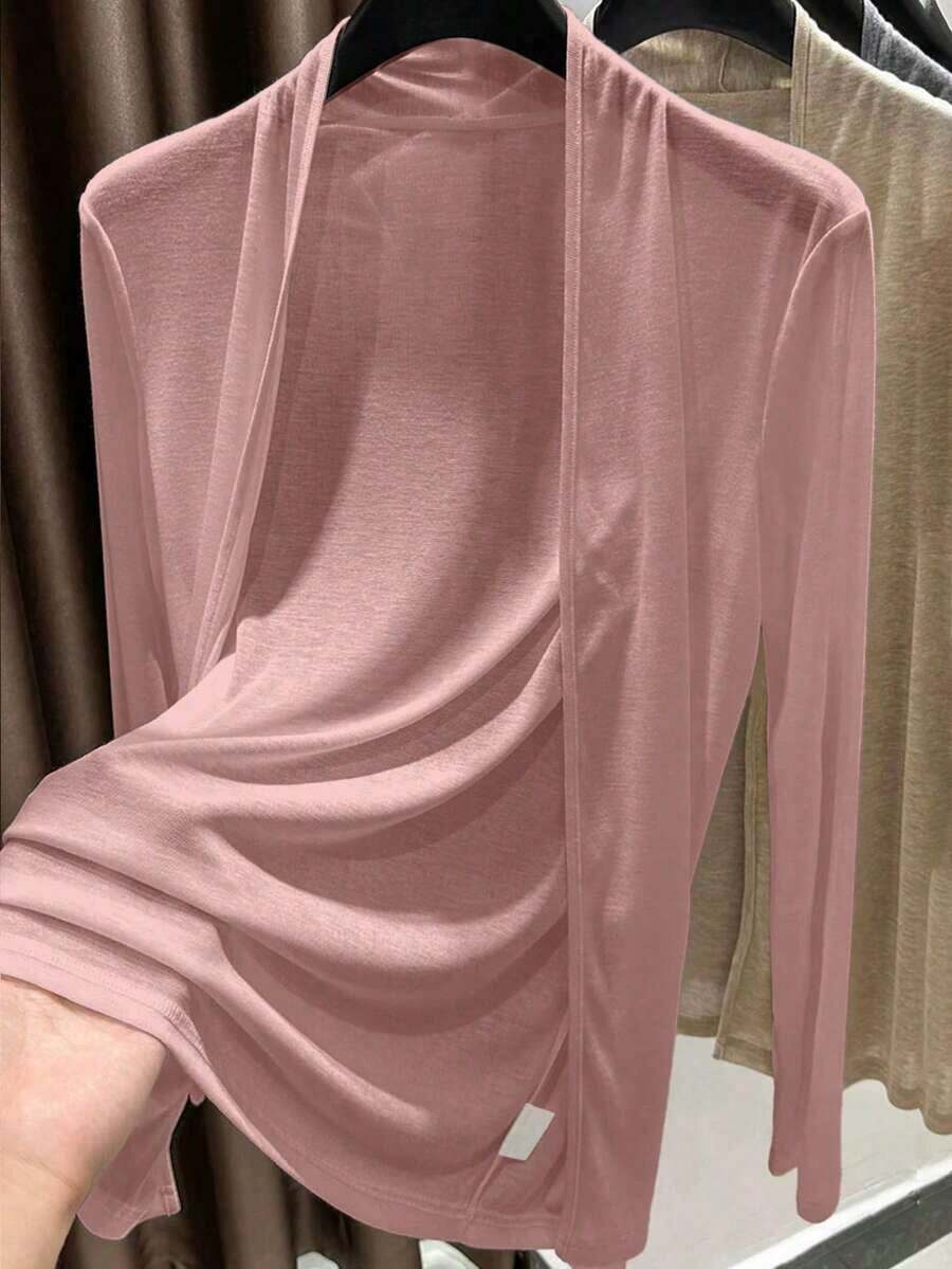 Chaqueta ligera de mujer de unicolor, de manga larga y con abertura frontal casual - Rosa - Ver 1