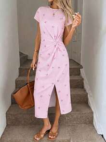Vestido midi sin mangas con abertura alta, estampado elegante de lazo a rayas rosa, estilo minimalista casual; Vestido de punto de textura casual ajustado para mujer; Conjunto de fitness para mujer; Vestido de invitada de boda para mujer; Atuen - Multicolor 8 - Ver 3