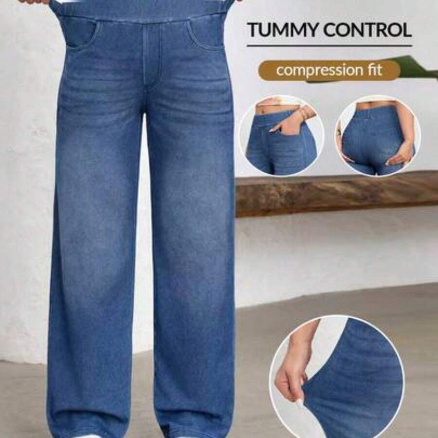 FlexDen Pantalones vaqueros de pierna ancha, estilo casual deportivo, con elástico para mujer - Azul lavado medio - Ver 1