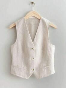 Chaleco corto de lino casual para mujer para primavera y verano - Beis - Ver 3