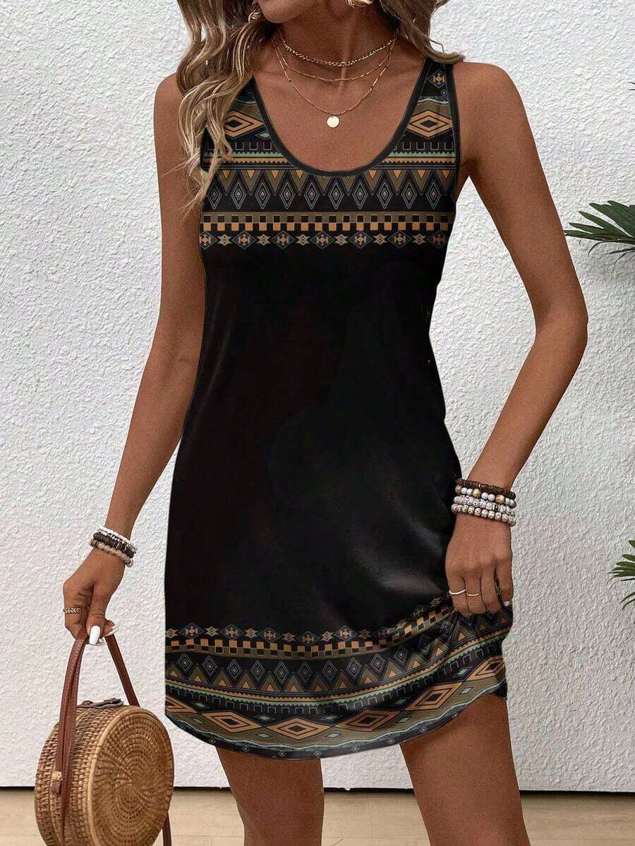Vestido casual de mujer sin mangas con estampado geométrico - Negro - Ver 1