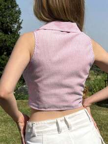 Camisa sin mangas de mujer de rayas tejida, azul - Rosa - Ver 2