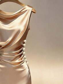 Vestido ajustado sin mangas con cuello drapeado de satén color dorado champán - Albaricoque - Ver 4