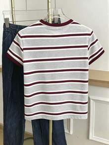 RCamiseta casual de mujer de cuello redondo con estampado gráfico de rayas y bloques de color - Gris 2 - Ver 2