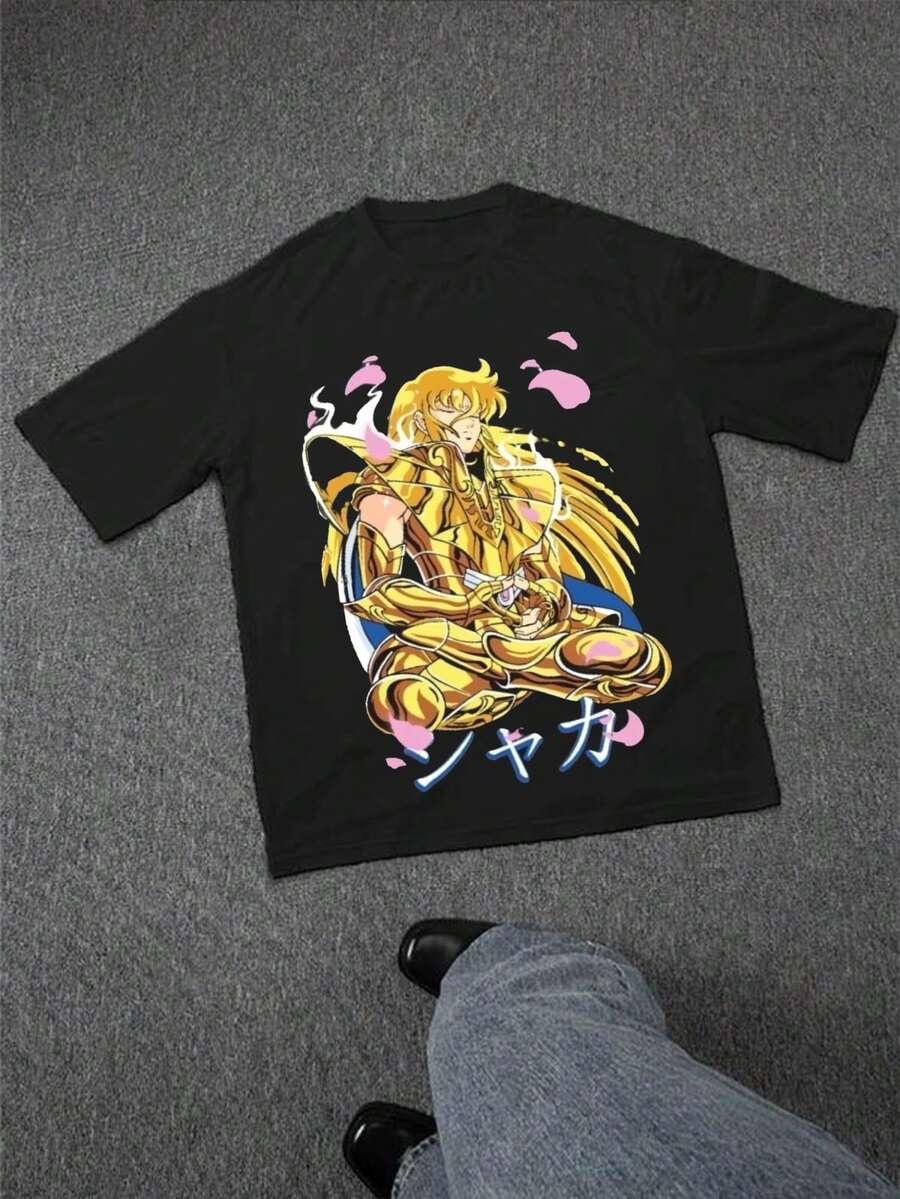 Casual Crew Neck T-Shirt - 100% Cotton - Golden Armor Nakagawa Print With Japanese Text - Streetwear, Loungewear, Sportswear | Perfect Gift | Machine Washable | Comfortable All Year Round | Lightweight And Breathable | Hop Style | Urban, Loungewear, Activewear | Drippy Clothing - 黑色 - 查看 1