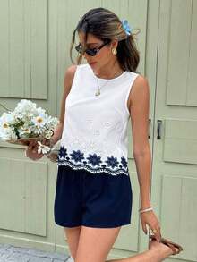 Set de 2 piezas de top sin mangas y shorts para mujer, de moda para el verano - Azul marino - Ver 3
