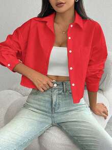 Camisa casual de manga larga con bolsillo, de ajuste suelto y hombros caídos, de unicolor, para primavera/verano, Top de manga larga - Rojo - Ver 6
