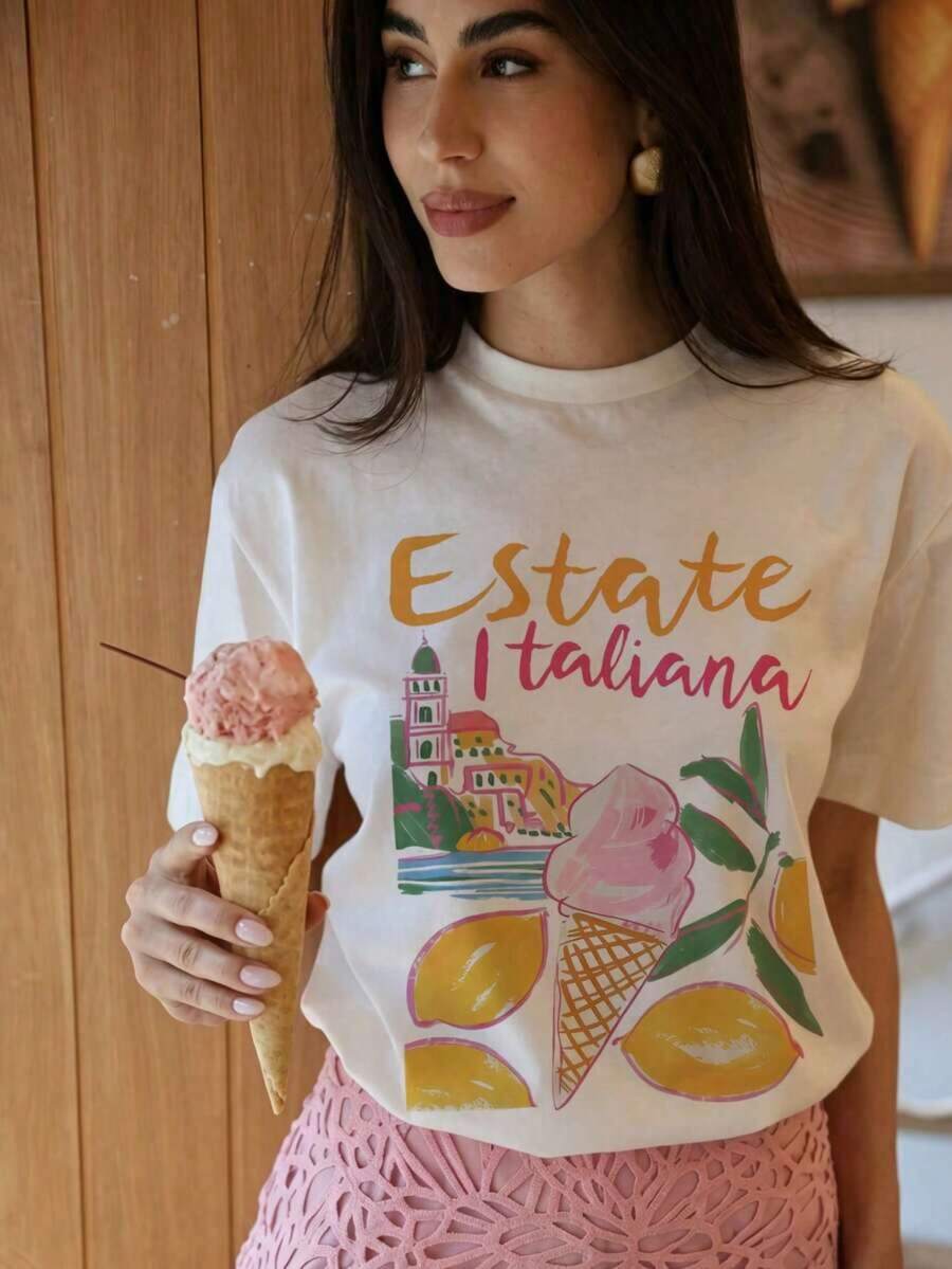 Camiseta gráfica de mujer "Estáte Italiana", cuello redondo casual, hombros caídos, manga corta, top de moda de verano para viajes. JPZR - Blanco - Ver 1