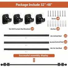 Curtain Rods For Windows 48 To 84, 1 Inch Adjustable Heavy Duty Black Curtain Rod, Outdoor Indoor Room Divider Modern Drapery Pole, 48-86" - Black 1pc - View 2
