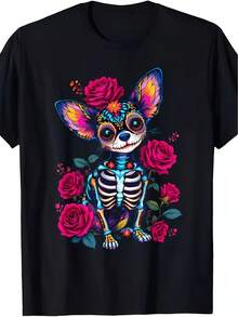 Halloween T-Shirt With Mexican Skull And Shiba Inu Design Unisex Short Sleeve Printed T-Shirt For Summer 2026 Solid Color Plus Size Men's T-Shirts Women's T-Shirt - 黑色 - 查看 1