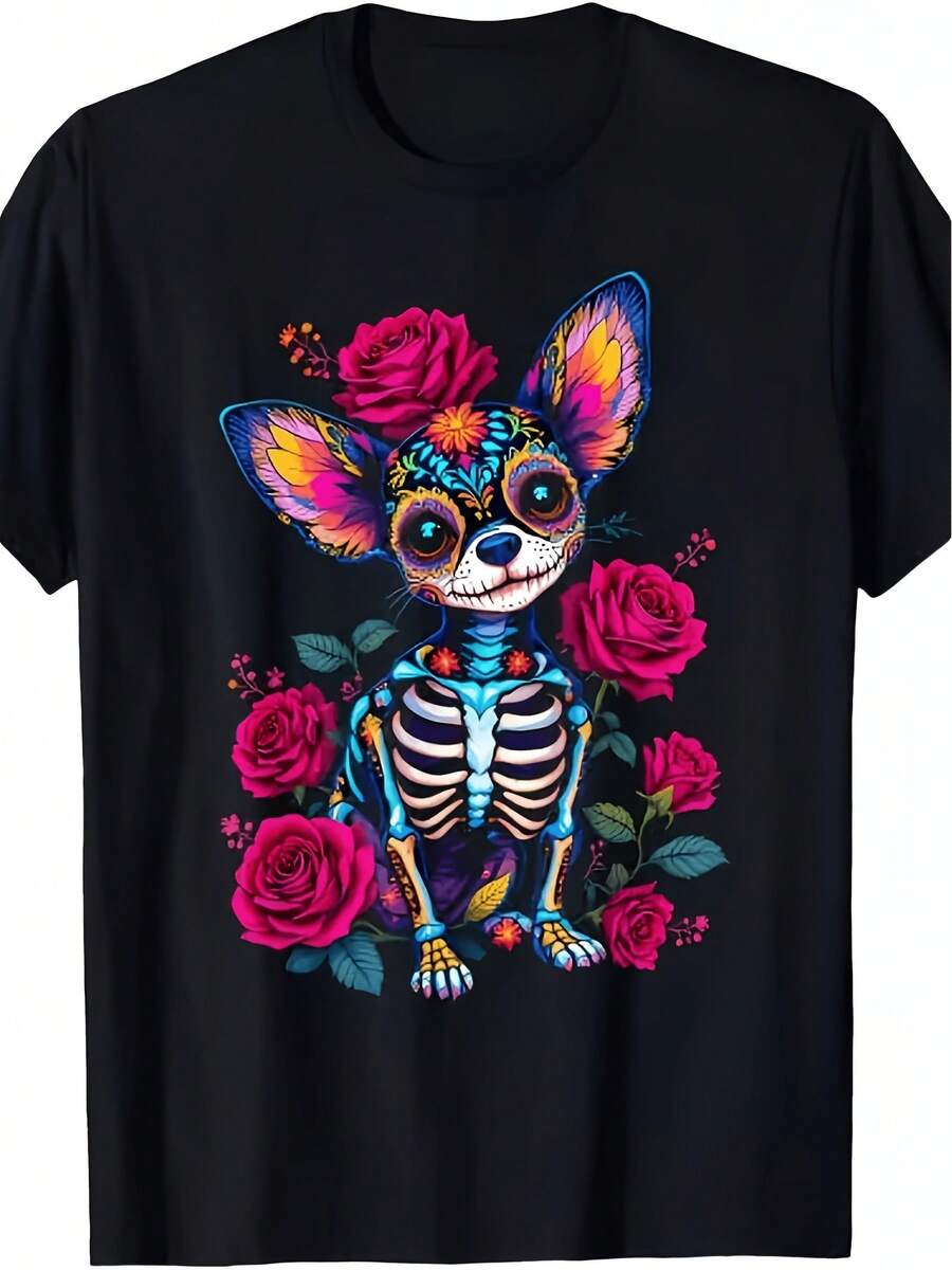 Halloween T-Shirt With Mexican Skull And Shiba Inu Design Unisex Short Sleeve Printed T-Shirt For Summer 2026 Solid Color Plus Size Men's T-Shirts Women's T-Shirt - 黑色 - 查看 1