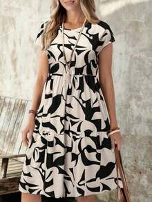 Vestido de mujer de manga corta con cuello redondo y estampado geométrico de verano - Negro - Ver 3