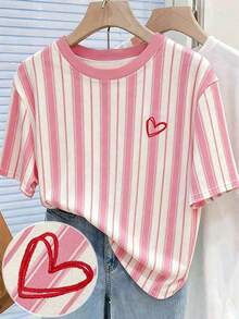 Camiseta de mujer talla grande con estampado digital a rayas de colores y bordado de fresa, regalo para amigos - Multicolor 2 - Ver 5