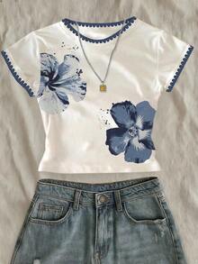Camiseta corta de ajuste ceñido con estampado floral naranja de estilo elegante de resort para mujer - Azul 2 - Ver 3