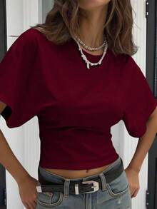 Camiseta blanca casual de mujer de cuello redondo y manga corta, holgada - Burdeos - Ver 7