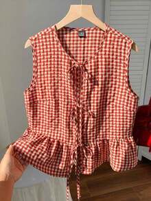 Blusa de rayas y estampado sin mangas para uso diario sencilla, tops sin mangas - Rojo 2 - Ver 5