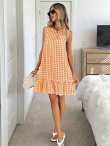 Vestido de verano estilo bohemio con cuello redondo sin mangas y corte evasé a dos colores a cuadros, vestido esencial para vacaciones y uso diario al aire libre - Multicolor 2 - Ver 4