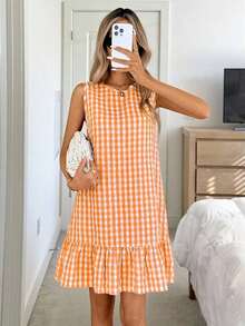 Vestido de verano estilo bohemio con cuello redondo sin mangas y corte evasé a dos colores a cuadros, vestido esencial para vacaciones y uso diario al aire libre - Multicolor 2 - Ver 6