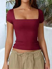 Camiseta de manga corta con cuello cuadrado de punto de unicolor, ajustada y sexy, estilo Y2K, para mujer Vaiaye, adecuada para actividades de primavera/verano y el Día de San Valentín - Burdeos - Ver 7
