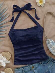 Parte superior corta ajustada con cuello de halter casual para vacaciones de mujer, verano de mujer, sin espalda, ropa de vacaciones de mujer, lunares, primavera de mujer, verano, parte superior para salir de mujer, vacaciones de mujer - Azul marino - Ver 7