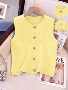 1 pieza Chaleco de punto de mujer minimalista de unicolor con botón de metal suave, parte superior casual versátil, suéter de moda de cuello redondo - Amarillo claro - Ver 7