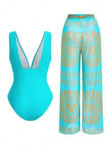 Swim Oasis Conjunto elegante de retro con estampado en espiral de un solo pieza de traje de baño coordinado con pantalón de pierna ancha, conjunto de vacaciones elegante para mujeres - verde menta - Ver 2