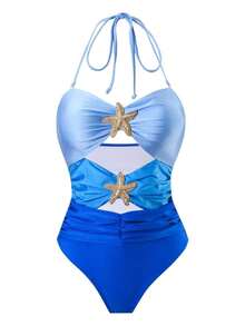 Swim Oasis Conjunto de playa de 2 piezas con traje de baño de una pieza con escote halter, recortes, parches de colores, decoración metálica con efecto océano y falda de malla degradada para mujer, primavera/verano - Azul - Ver 3