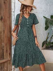 Vestido largo de mujer con estampado de dálmata, drapeado frontal y volante en el bajo - Verde Oscuro - Ver 3