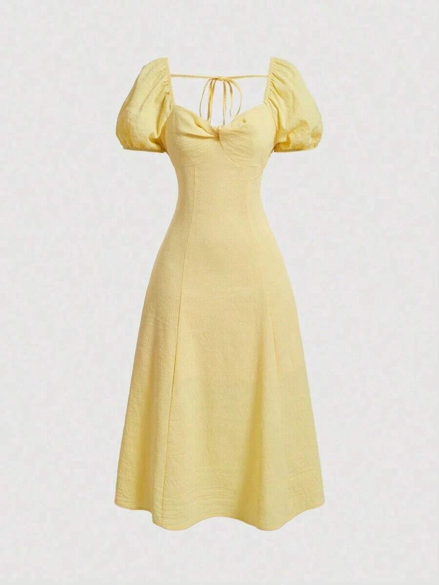 MOD Vestido de verano elegante de mujer de unicolor con mangas abullonadas y cintura ceñida - Amarillo - Ver 1