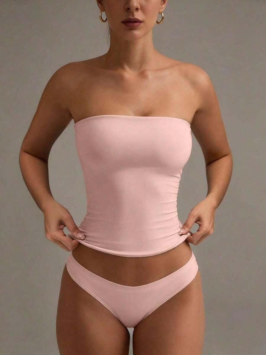 Camiseta sin tirantes sexy básica, top tubo ajustado de unicolor y elástico a la moda, adecuado para mujeres en todas las estaciones, casual negro de verano - Rosa Pálido - Ver 1