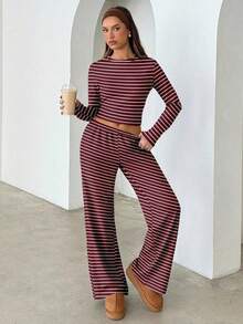 Conjunto de pijama informal para mujer de , incluye camiseta de manga larga con cuello redondo a rayas y pantalones rectos a rayas, adecuado para uso diario, deportes, otoño/invierno, ropa para el regreso a clases, conjunto de dos piezas a rayas marrones, para uso diario, oficina, salidas. - Multicolor 2 - Ver 4