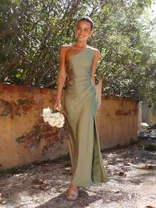Vestido de satén elegante con hombro descubierto corte ajustado estilo glamour - Verde - Ver 4