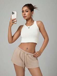 Pantalones cortos casuales sueltos de cintura elástica de unicolor para mujer - Caqui - Ver 5