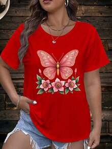 1 pieza de camiseta de verano para mujer - Camiseta casual de talla grande con estampado floral de mariposas - Manga corta, cuello redondo, corte holgado, lavable a máquina, cómoda para todas las estaciones, estilo femenino, tela suave. Protección de Cuerpo Completo 100% algodón - Rojo - Ver 6