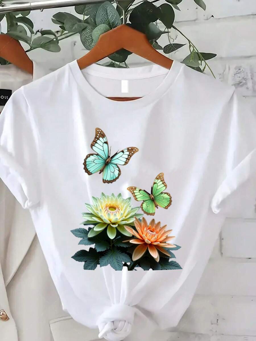 Classic Plus Size - Talla Grande - Camiseta de talla grande para mujer, con diseños de mariposas y flores, perfecta para un estilo casual de verano. Esta camiseta con diseño de estilo natural presenta cuello redondo y mangas cortas. Éxito de . - Blanco - Ver 1