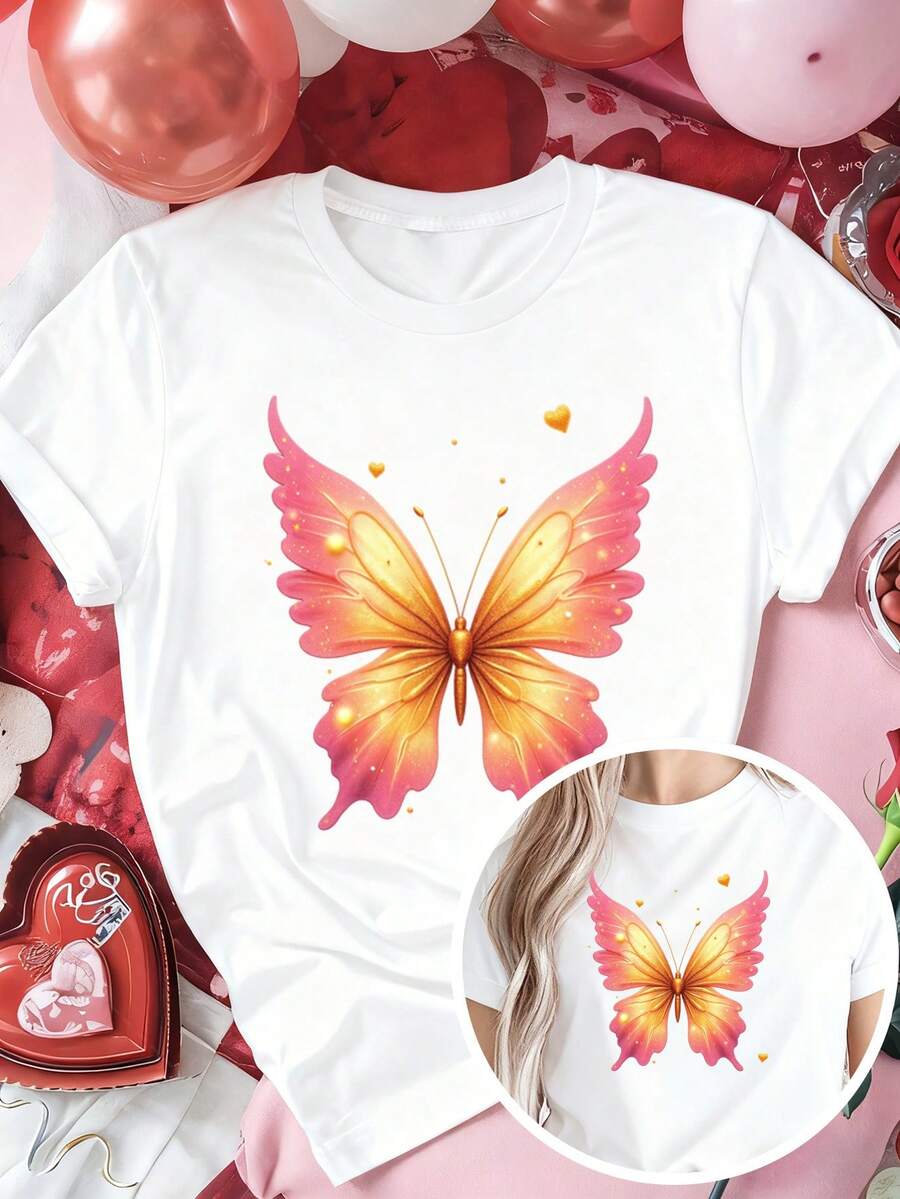 Classic Plus Size Women's Clothing, Pink And Gold Butterfly Wing Print T-Shirt - Cute Short Sleeve Crew Neck T-Shirt For Valentine's Day, Casual Shirt For Summer And Autumn, Ideal Gift For Women At Christmas And New Year (Machine Washable) Best Seller - 白色 - 查看 1