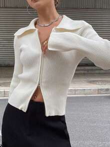 Chaqueta de punto con cremallera de unicolor casual de negocios para mujer - Beis - Ver 9