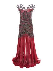 Women's Long Party Dress With V-Neck, Sequin And Lace Embroidery On The Top, Flowing Chiffon Skirt, Various Colors (Green, Black, Red, Champagne), Ideal For Banquets And Formal Events. - 紅色 - 查看 3