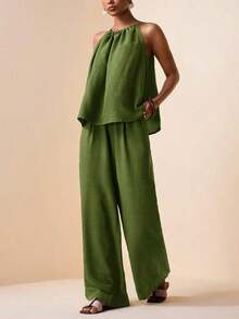 Conjunto de 2 piezas de top holgado con cuello de halter y pliegues + pantalones anchos con pliegues y bolsillos reales, de tela con textura de bambú, color marrón oscuro. Conjunto de primavera/verano, conjunto de fiesta, conjunto para ir al trabajo, conjunto elegante, conjunto casual, conjunto de vacaciones para mujer. - Verde militar - Ver 3