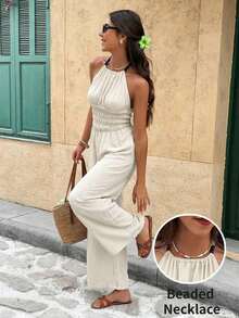 Frenchy Mono de mujer versátil y de moda con cordón, textura y cuentas para vacaciones - Albaricoque - Ver 3