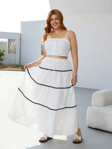 Falda larga con bloques de color y adorno floral para tallas grandes, ropa de resort de primavera/verano - Blanco - Ver 6
