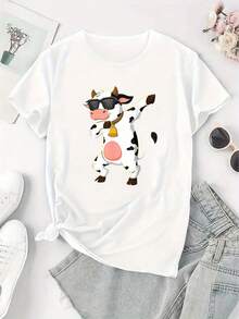 Camiseta de manga corta para mujer con estampado creativo de vaca bailarina, a la moda, sencilla, casual, deportiva, cómoda para el verano y vacaciones - Tela ligera y suave. - Blanco - Ver 11