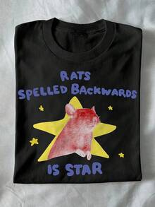 Camiseta unisex con diseño de ratón y la frase "rats spelled backwards is star", camiseta divertida con temática de animales, regalo con temática de ratones, camiseta peculiar, camiseta alternativa, camiseta que resuena, nueva colección primavera/verano 2026, adecuada para uso diario al aire libre - Tejido ligero y suave. - Negro - Ver 11