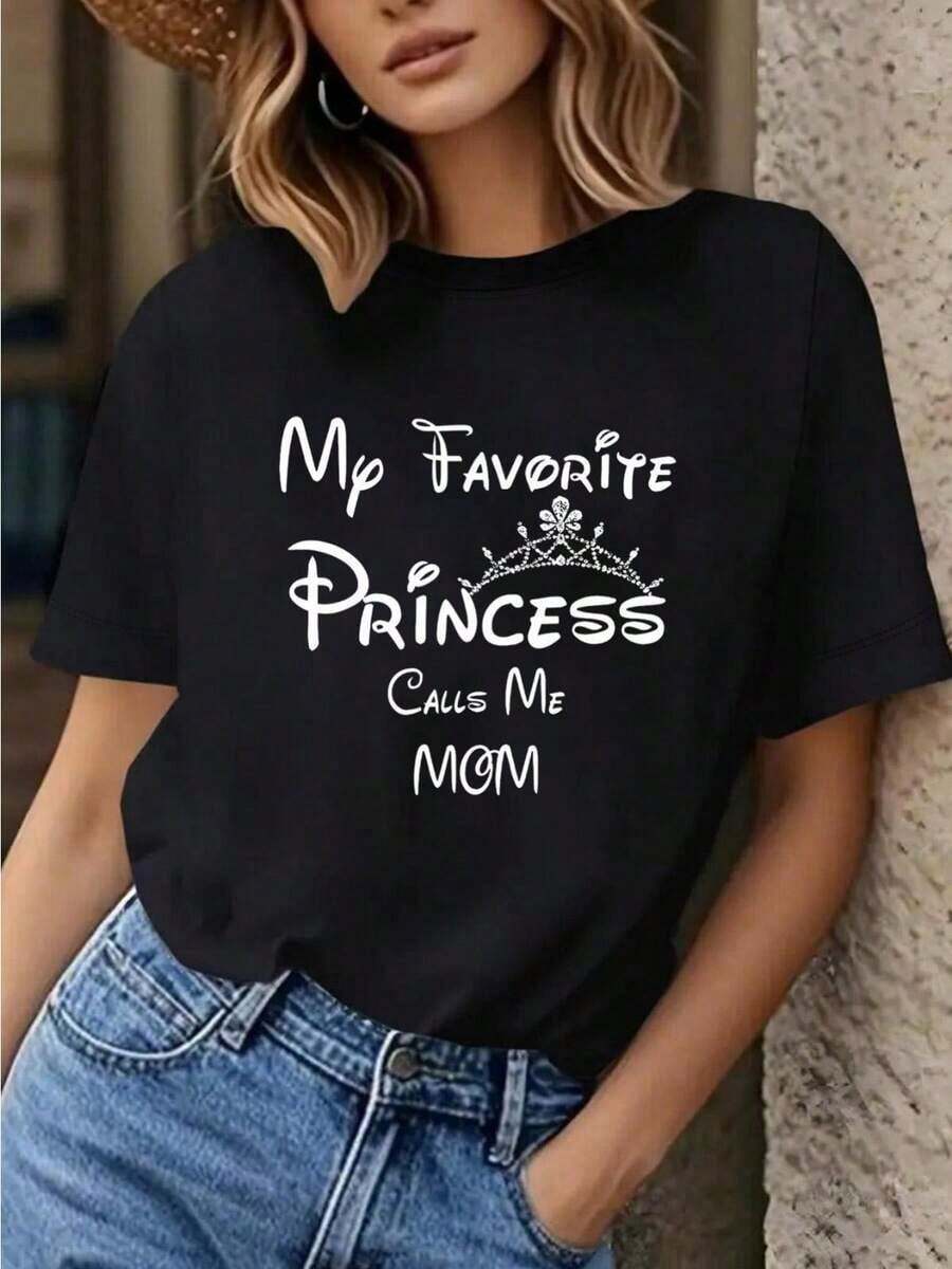 1 pieza de camiseta para mujer con estampado de letras de princesa y la frase 'Mi princesa favorita, me llama mamá', de manga corta, color negro con 'Mamá' en blanco y texto, estilo casual para madre, familiar, conjunto a juego, regalo para todas las temporadas: Navidad, Pascua, Halloween, Acción de Gracias, etc. 100% algodón. - Negro - Ver 1