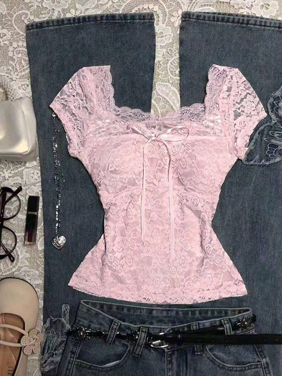 Blusa de encaje de unicolor elegante para mujer, de verano - Rosa - Ver 1